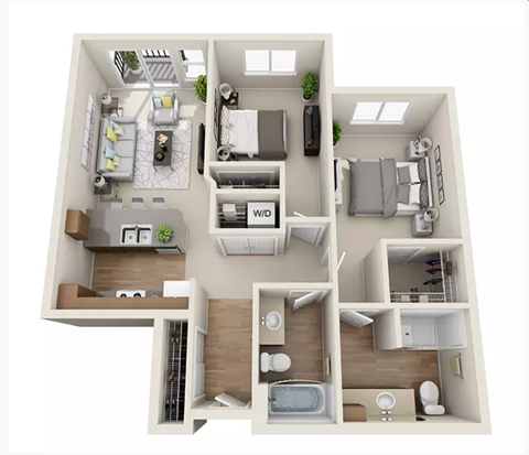 Floor plan for 2 beds, 2 baths, 990 sqft